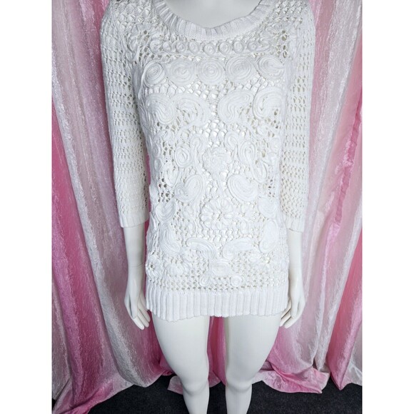 Christopher & Banks White Crochet Cotton Knit Flower Sweater Size Medium - Picture 7 of 15
